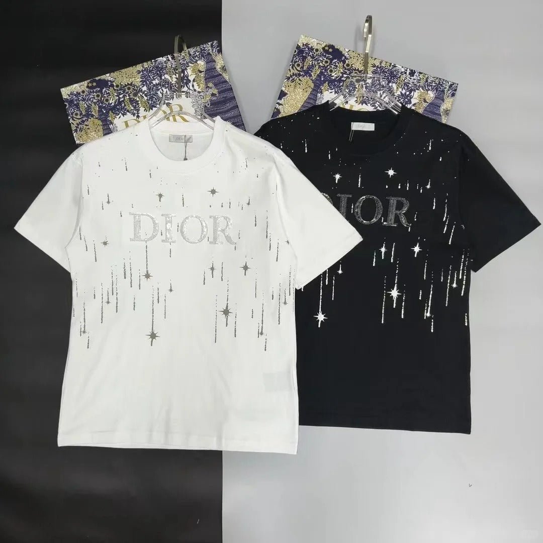 Besticktes Baumwoll-T-Shirt mit Rundhalsausschnitt und kurzen Ärmeln