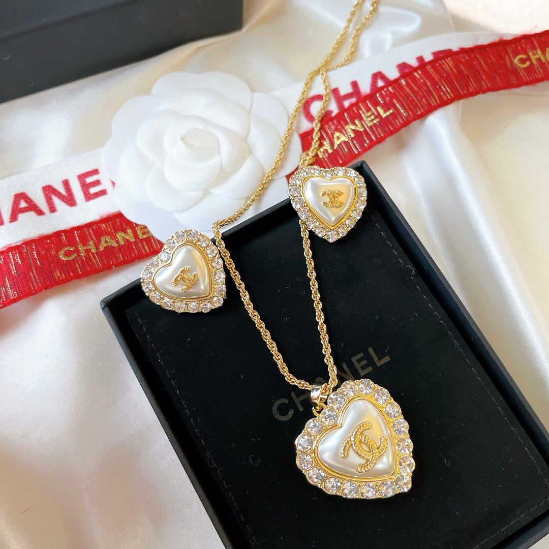 Vintage Diamant Perle Herz Ohrringe Halskette Set