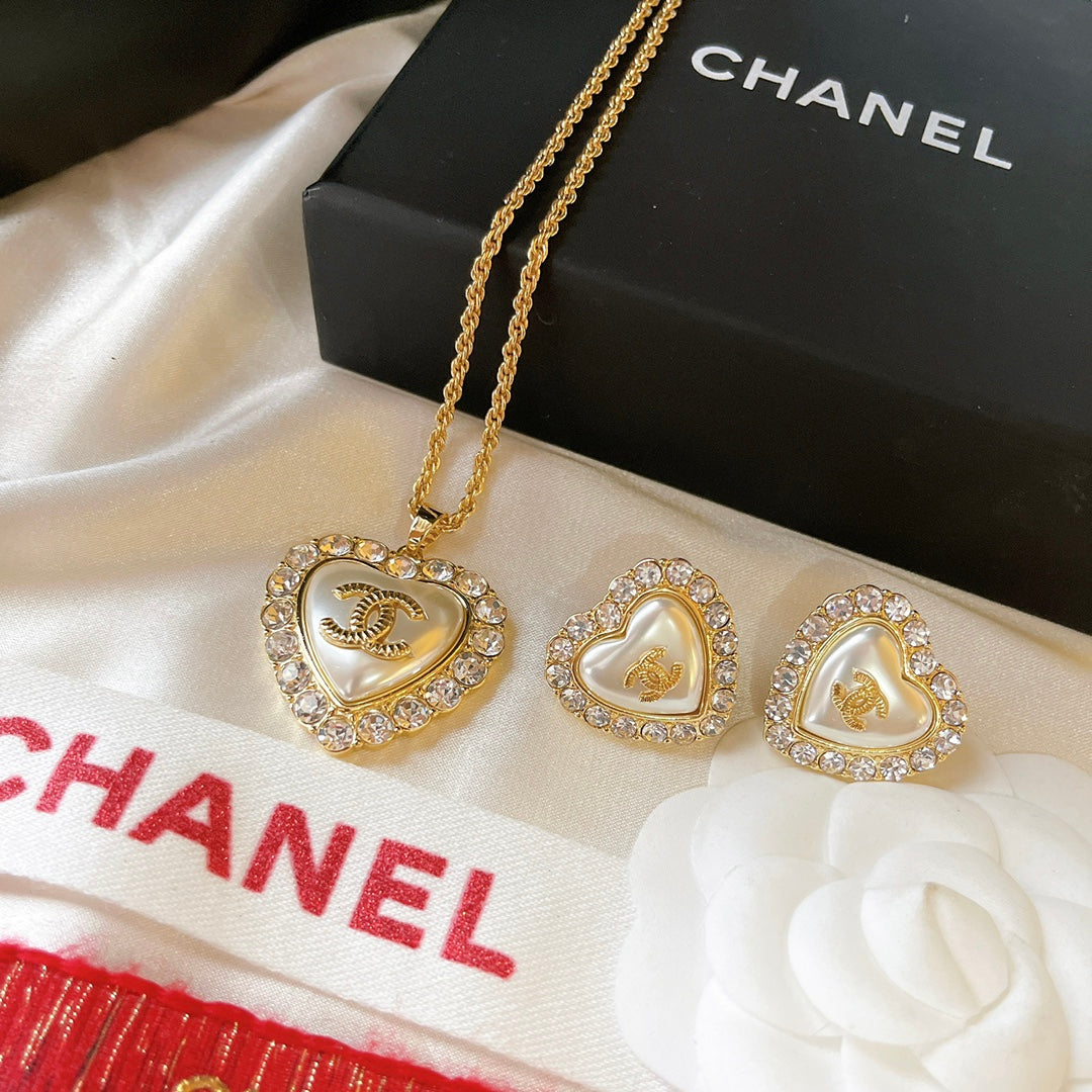 Vintage Diamant Perle Herz Ohrringe Halskette Set