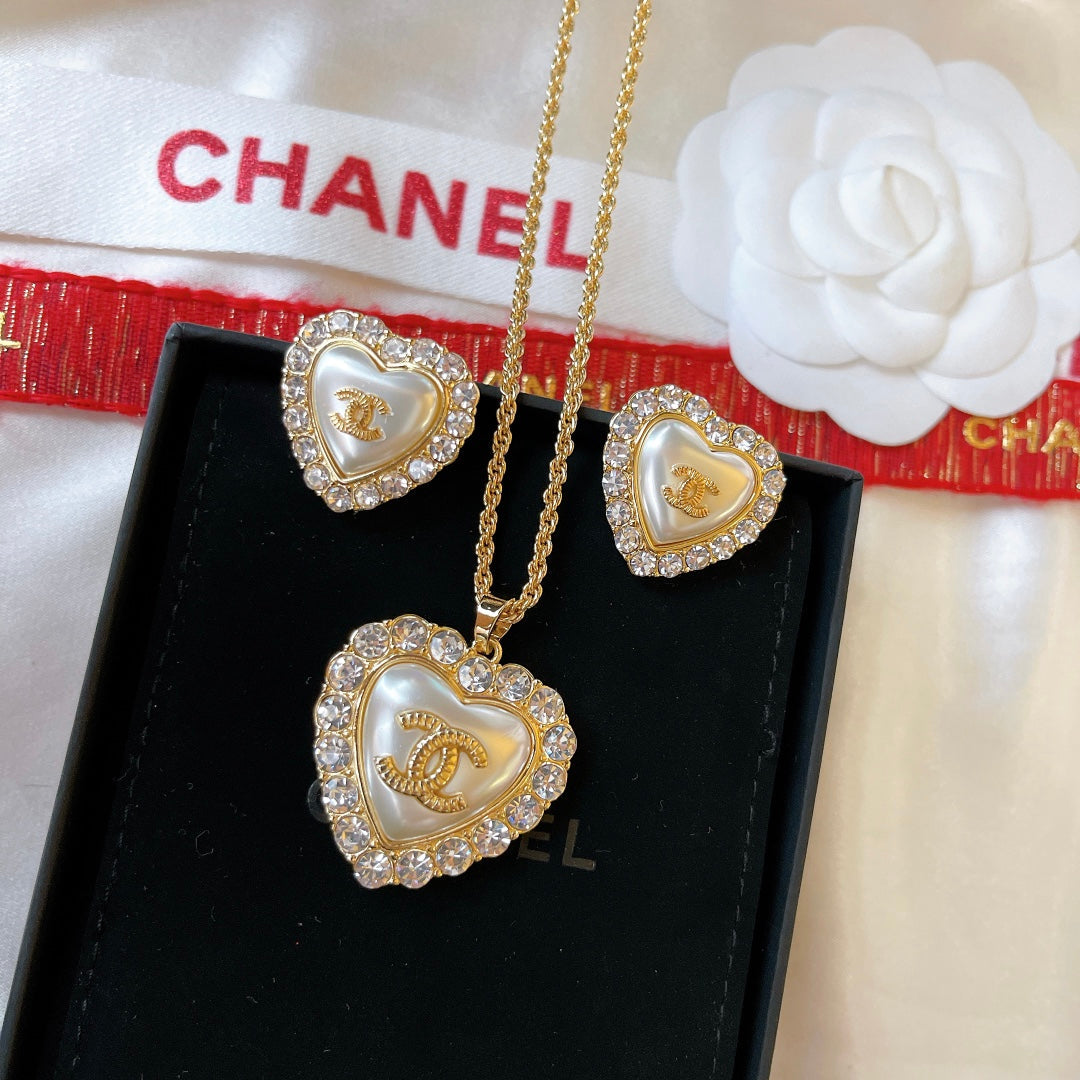 Vintage Diamant Perle Herz Ohrringe Halskette Set