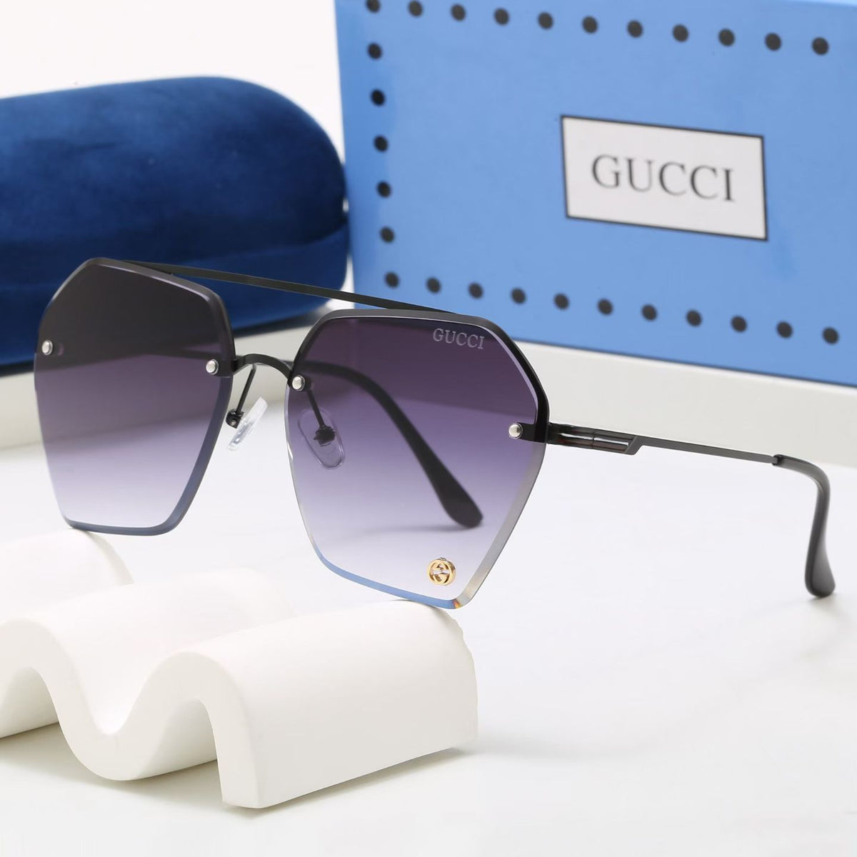 Luxury Rimless Hexagonal Double Bridge Sunglasses