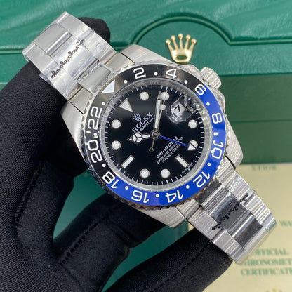 Men’s Premium Full Stainless Steel Automatic Watch – GMT Dual Time Zone, Blue Dial with Red & Blue Bezel