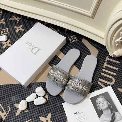 Letter Embroidered and Strass Flat Slides