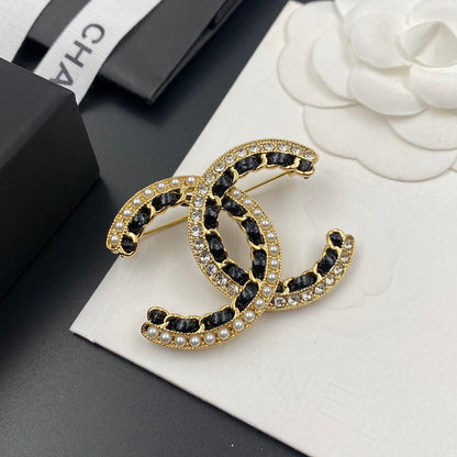 Diamant Perle Schwarz Gold Brosche