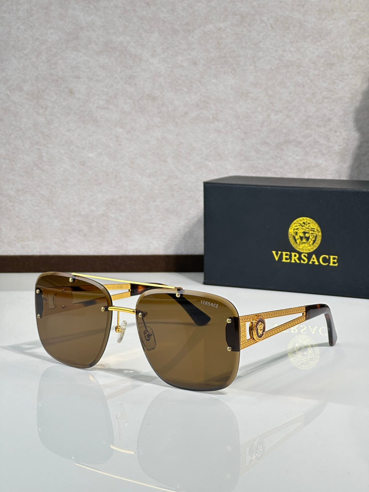 Rimless Rectangular Sunglasses 4 Style Option Vintage Engraved Temple Design Classic Fashion Luxury Look - VE6746