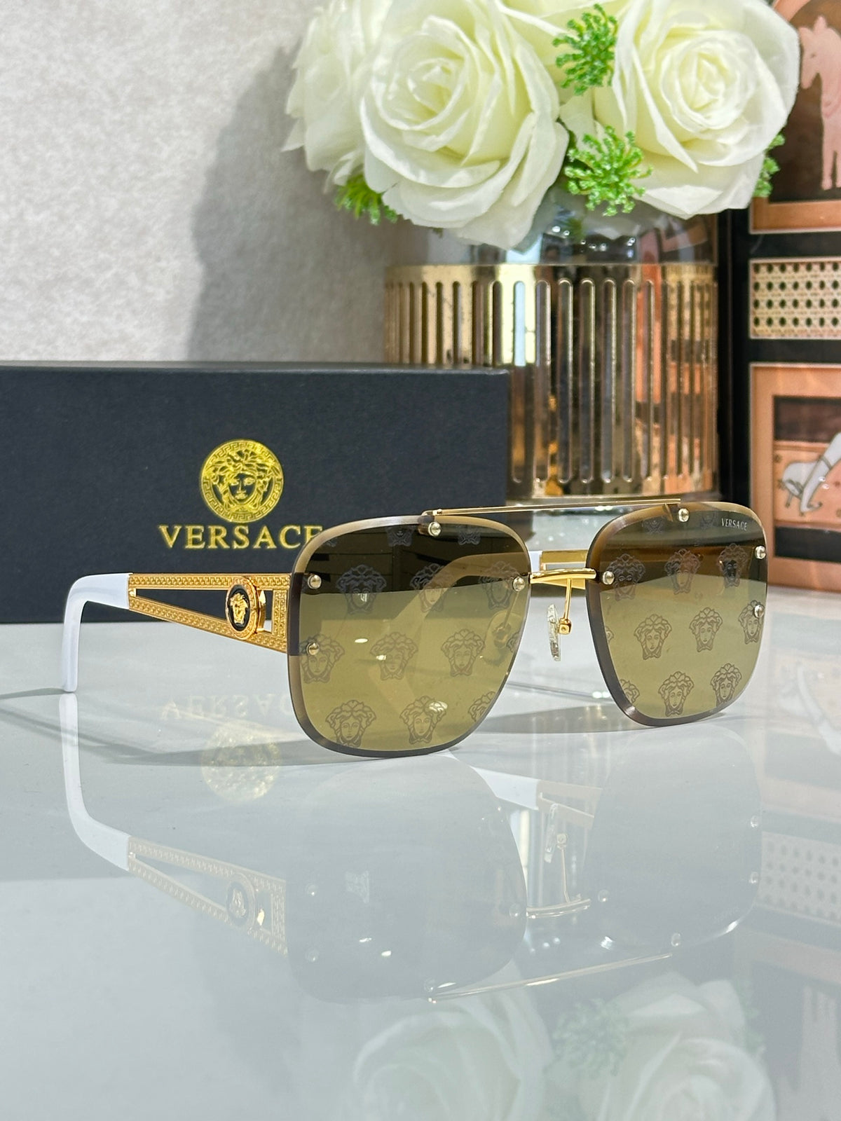 Rimless Rectangular Sunglasses 4 Style Option Vintage Engraved Temple Design Classic Fashion Luxury Look - VE6746