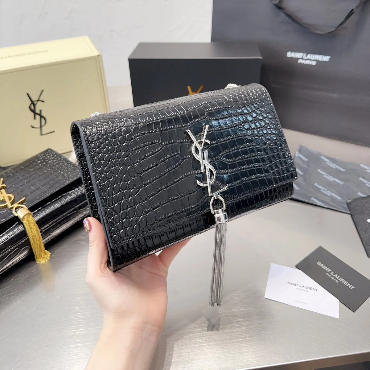 KATE Small Tassel Chain Bag in Croc-embossed shiny leather