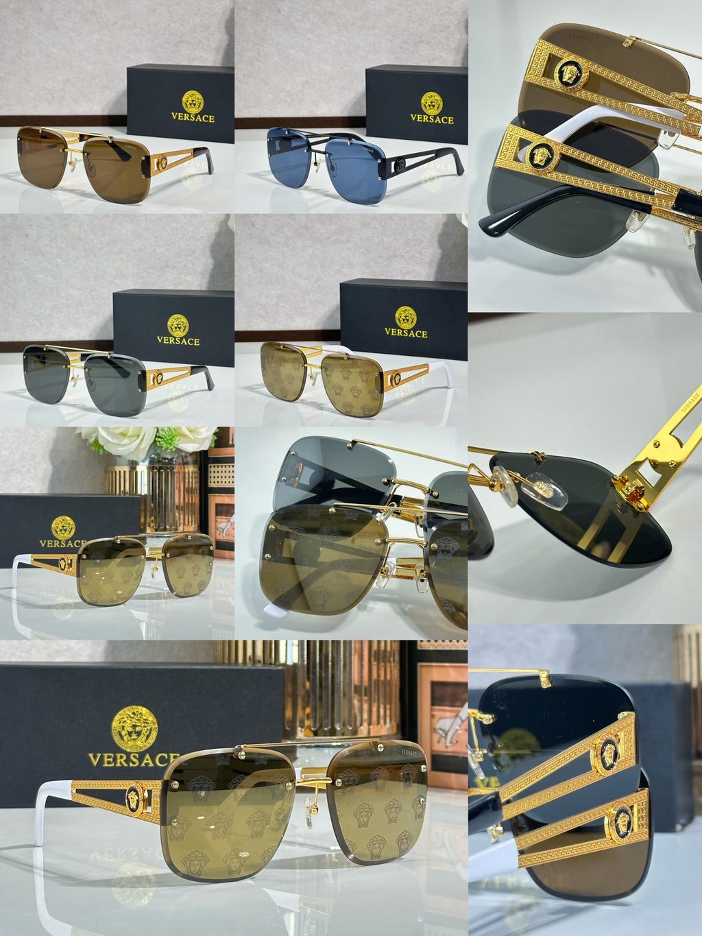 Rimless Rectangular Sunglasses 4 Style Option Vintage Engraved Temple Design Classic Fashion Luxury Look - VE6746