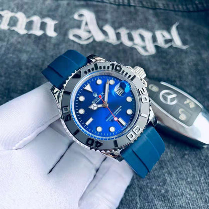 Luxury Blue Dial Automatic Mechanical Watch – Stainless Steel Case, Silver Bezel & Blue Strap