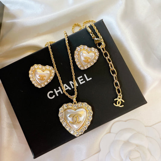 Vintage Diamant Perle Herz Ohrringe Halskette Set