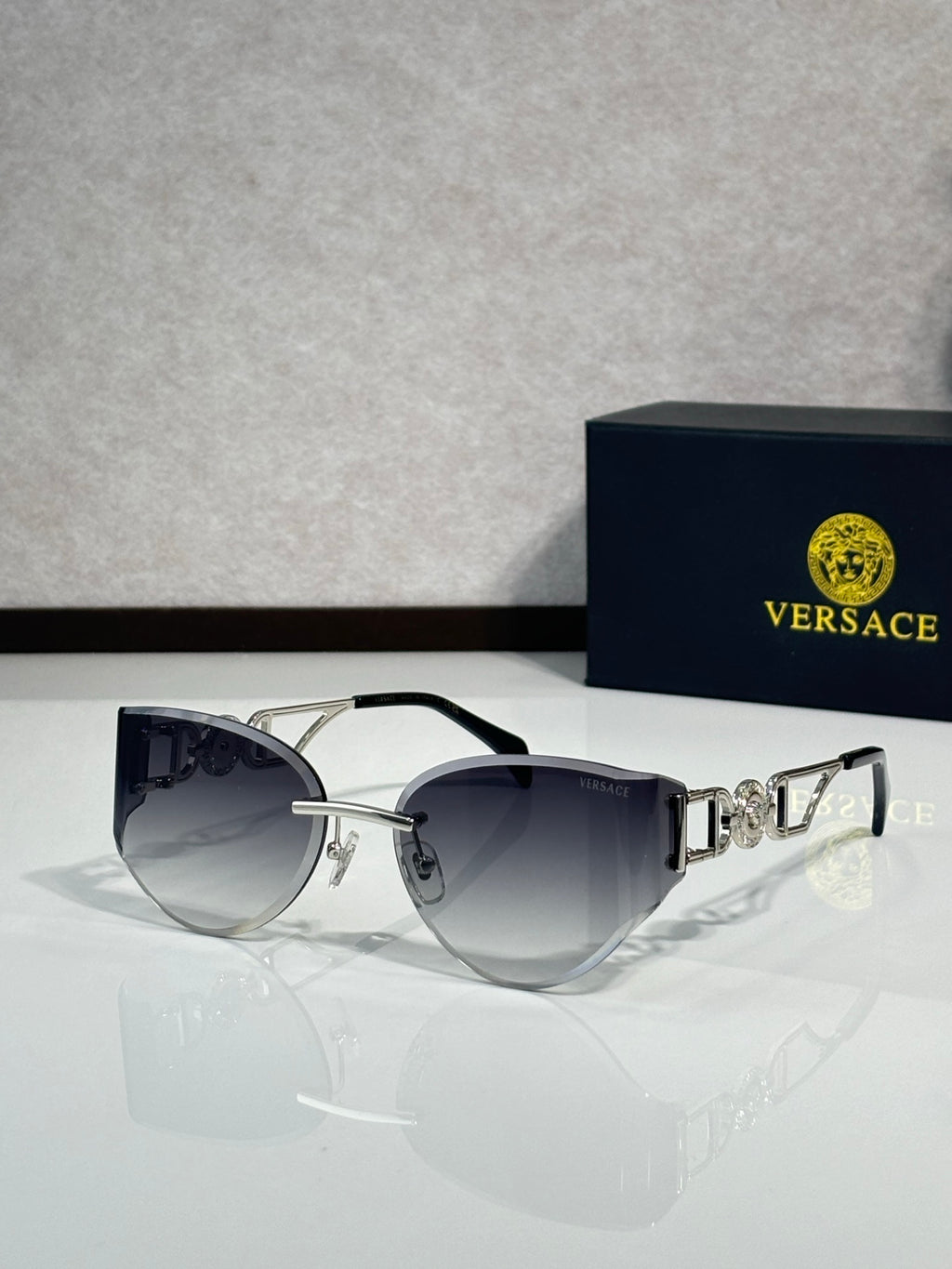 Rimless Geometric Sunglasses 6 Style Options Crystal Embellished Temple Design Classic Fashion Luxury Look - VE6829