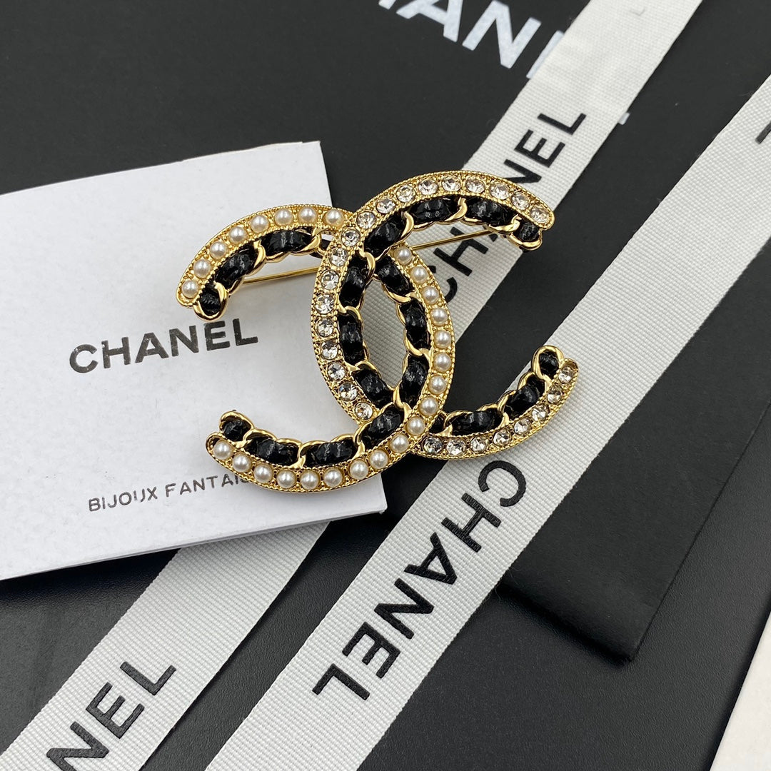 Diamant Perle Schwarz Gold Brosche