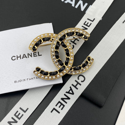 Diamant Perle Schwarz Gold Brosche