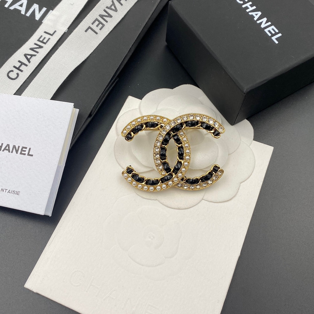 Diamant Perle Schwarz Gold Brosche