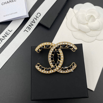 Diamant Perle Schwarz Gold Brosche