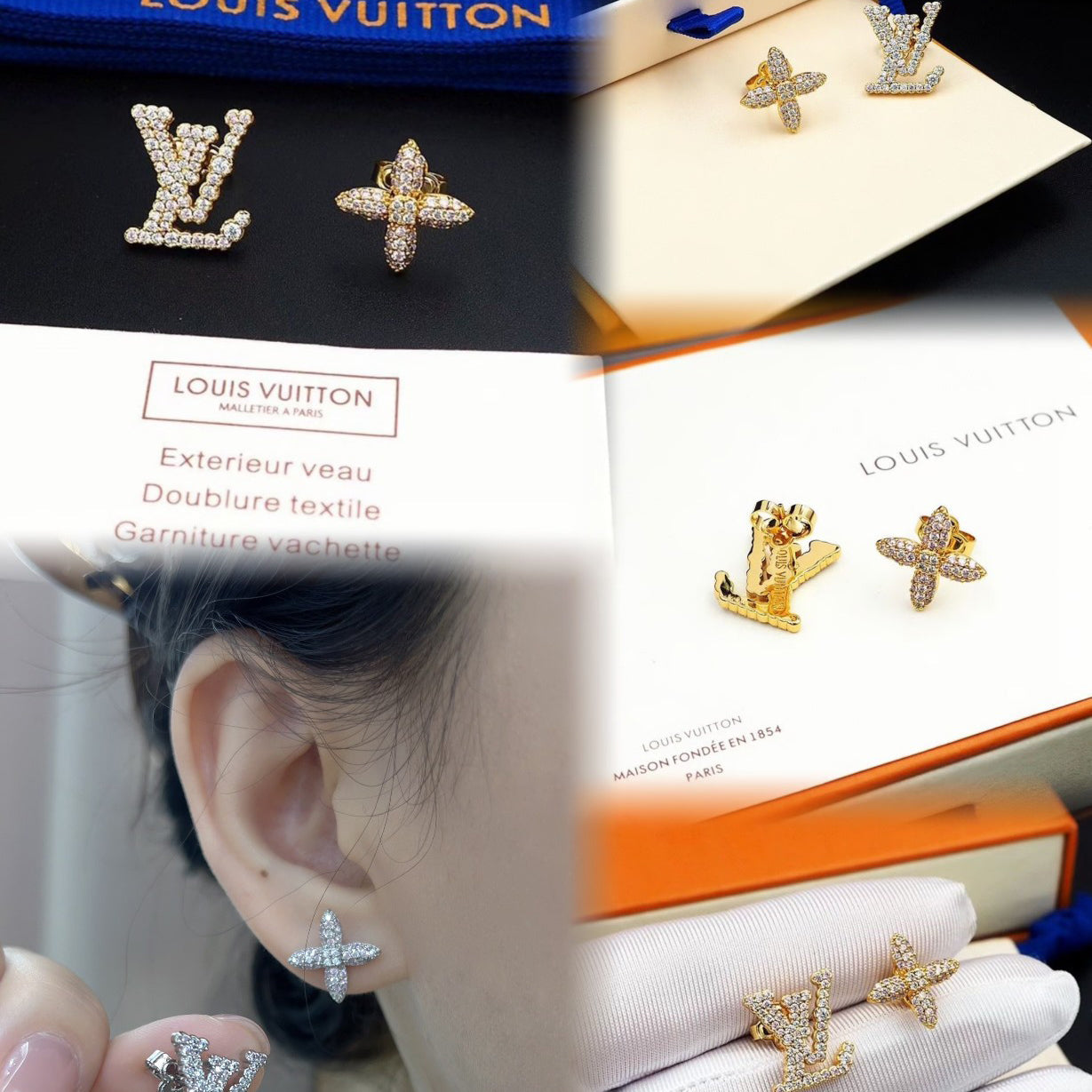 Asymmetrische Strass-Ohrringe mit Blumenlogo