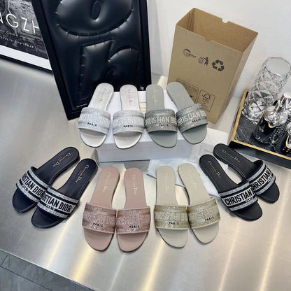 Letter Embroidered and Strass Flat Slides