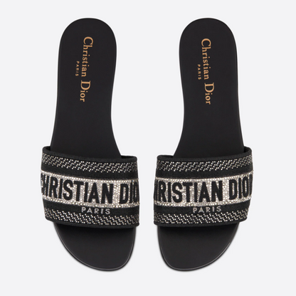 Letter Embroidered and Strass Flat Slides
