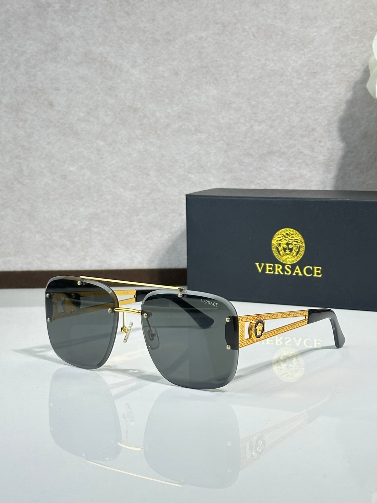 Rimless Rectangular Sunglasses 4 Style Option Vintage Engraved Temple Design Classic Fashion Luxury Look - VE6746