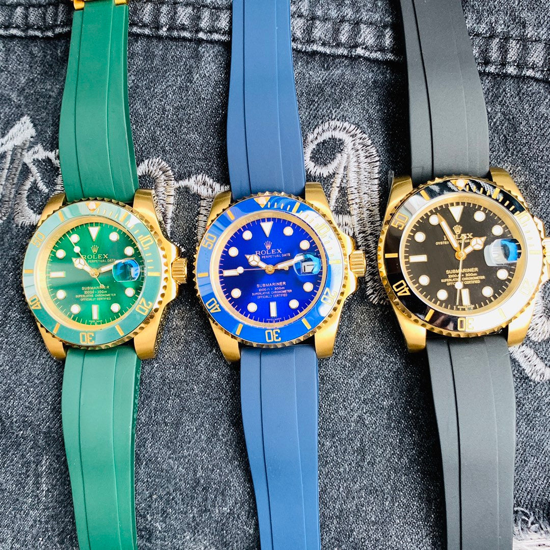 Men’s Gold-Tone Stainless Steel Automatic Dive Watch – 3-Color Dial Collection with Matching Rubber Straps, Classic Sport Luxury