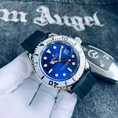 Luxury Blue Dial Automatic Mechanical Watch – Stainless Steel Case, Silver Bezel & Blue Strap