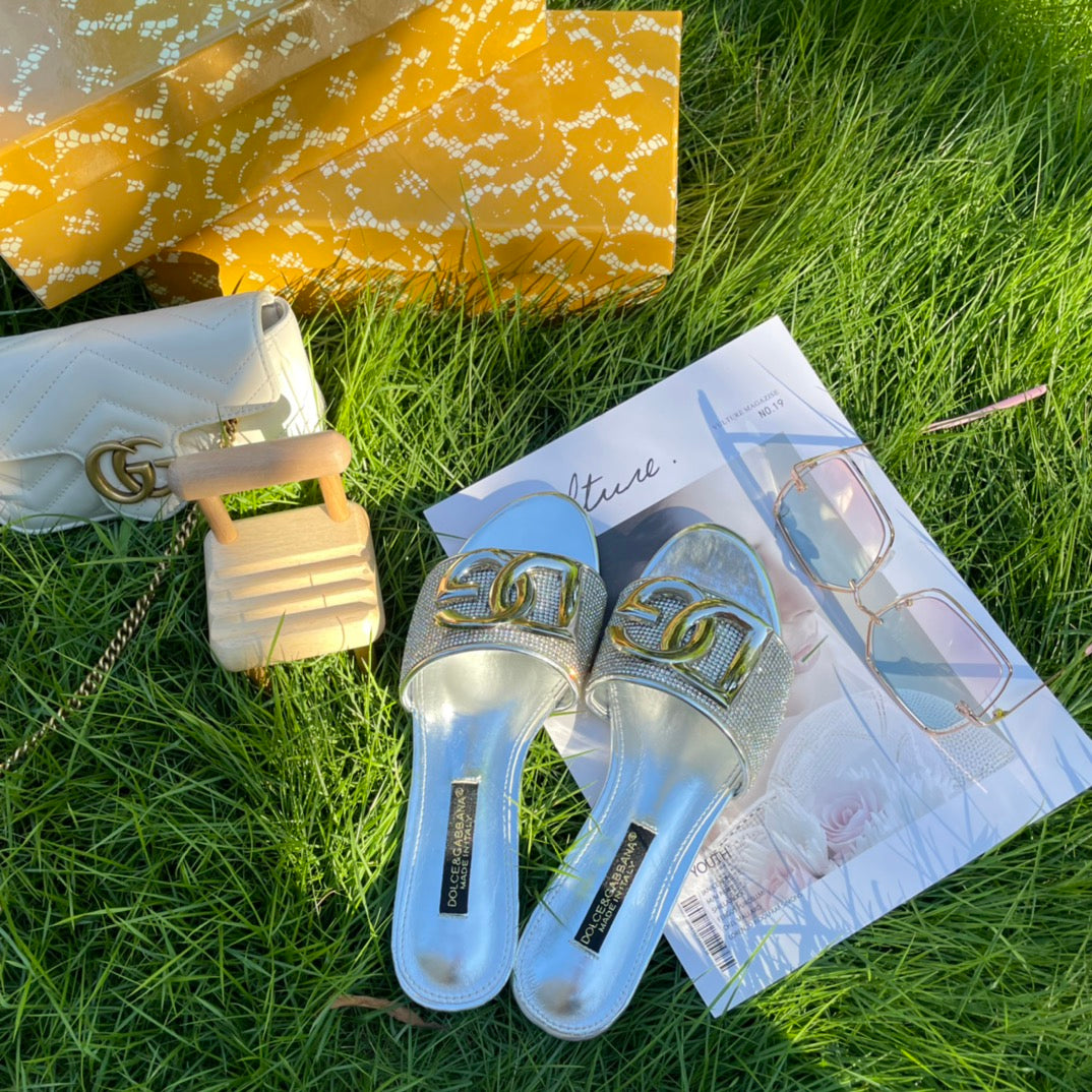 Metal Buckle Rhinestone Slippers