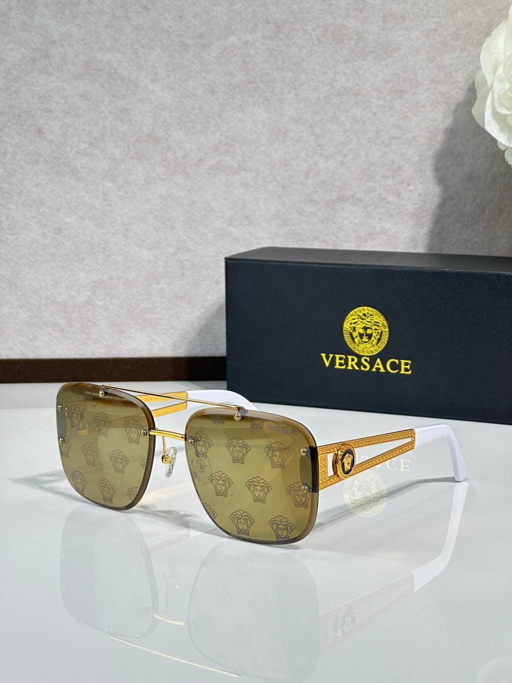 Rimless Rectangular Sunglasses 4 Style Option Vintage Engraved Temple Design Classic Fashion Luxury Look - VE6746