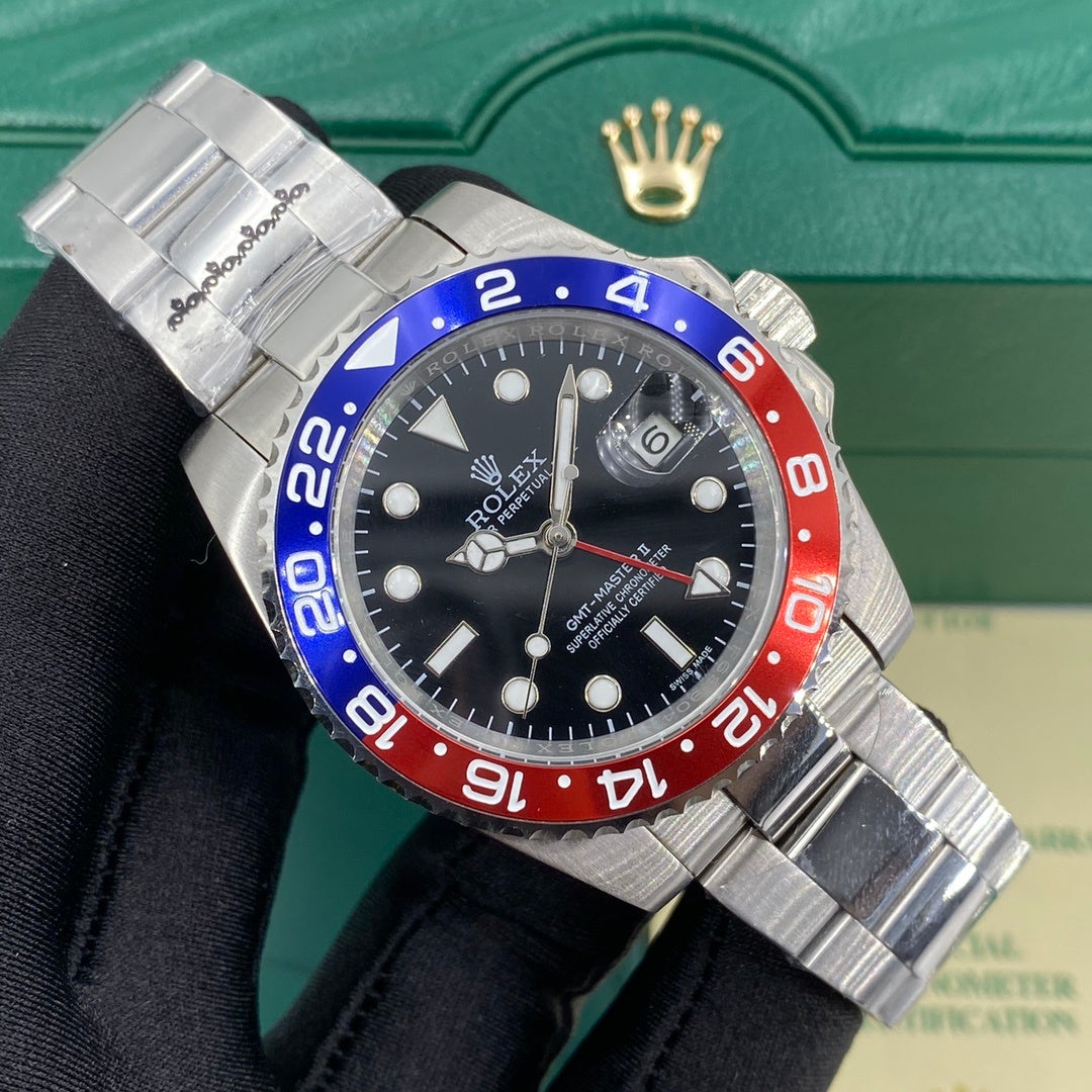 Men’s Premium Full Stainless Steel Automatic Watch – GMT Dual Time Zone, Blue Dial with Red & Blue Bezel