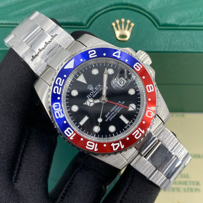 Men’s Premium Full Stainless Steel Automatic Watch – GMT Dual Time Zone, Blue Dial with Red & Blue Bezel
